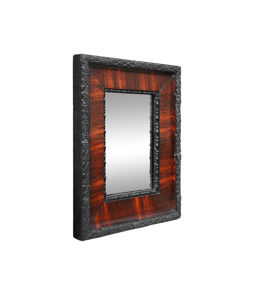 Small French antique mirror, circa 1880. Black antique frame and imitation mahogany wood with decoration laurel leaves and small rosettes. Antique wood back. Antique frame width: 2.16 in / 5.5 cm.