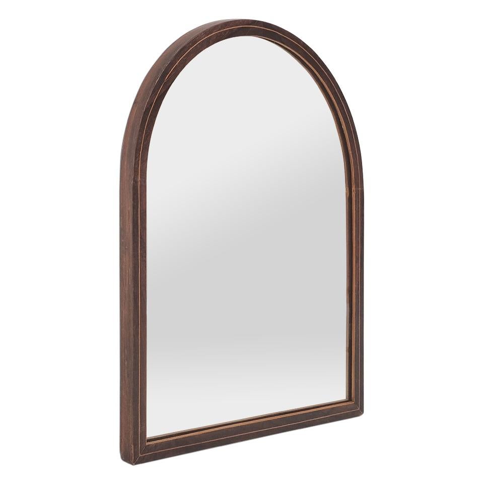 Small French antique curved wall mirror in marquetry, fruitwood veneer orned with a light fillet, circa 1865. Metal fixing ring. Frame width: 2 cm / 0,78 in. Antique glass mirror. Antique wooden rear panel.