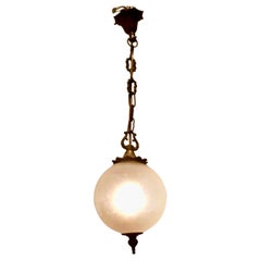 Small French Art Deco Globe Etched Opaline Glass Hanging Pendant Light