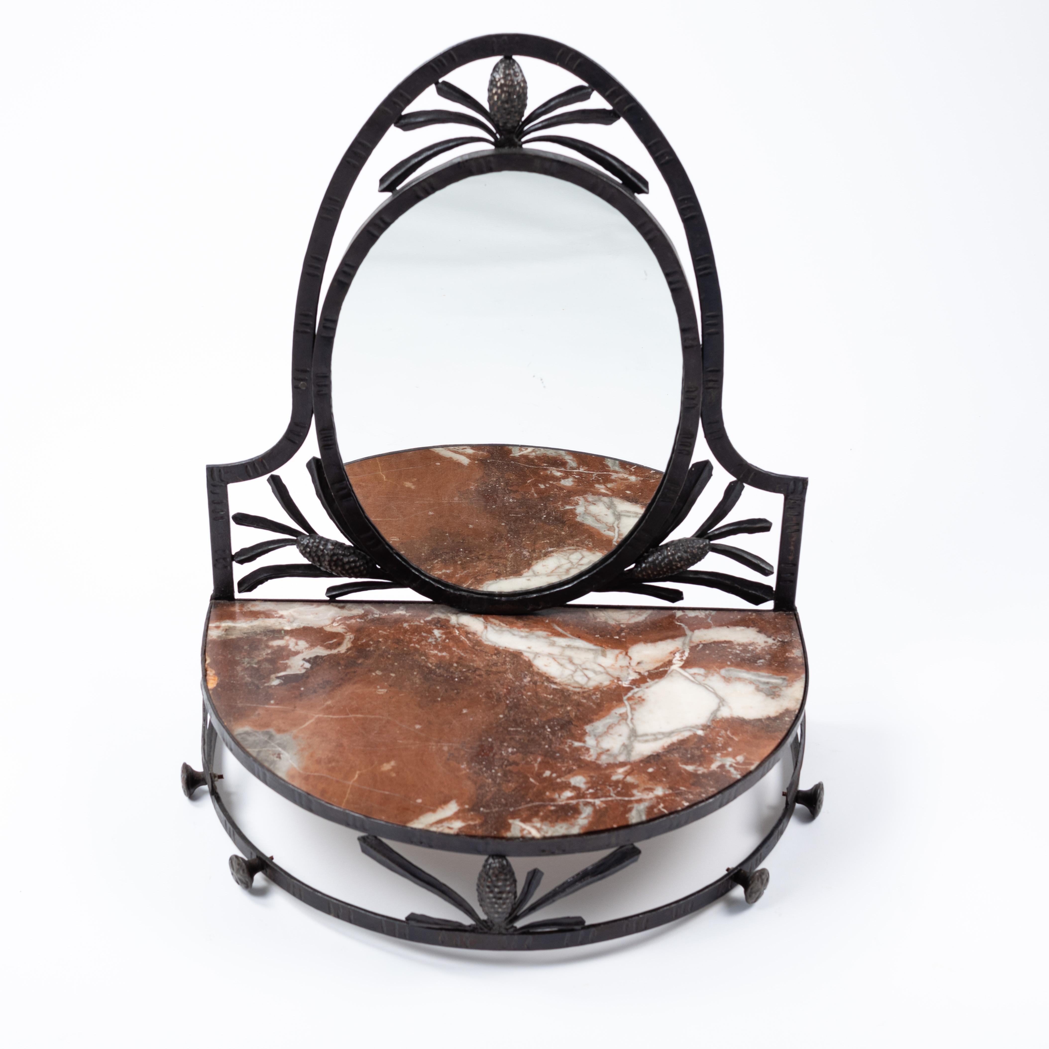 Art Deco Small French Art Déco Wall Mounted Forged Iron Console Table with Mirror, 1920s