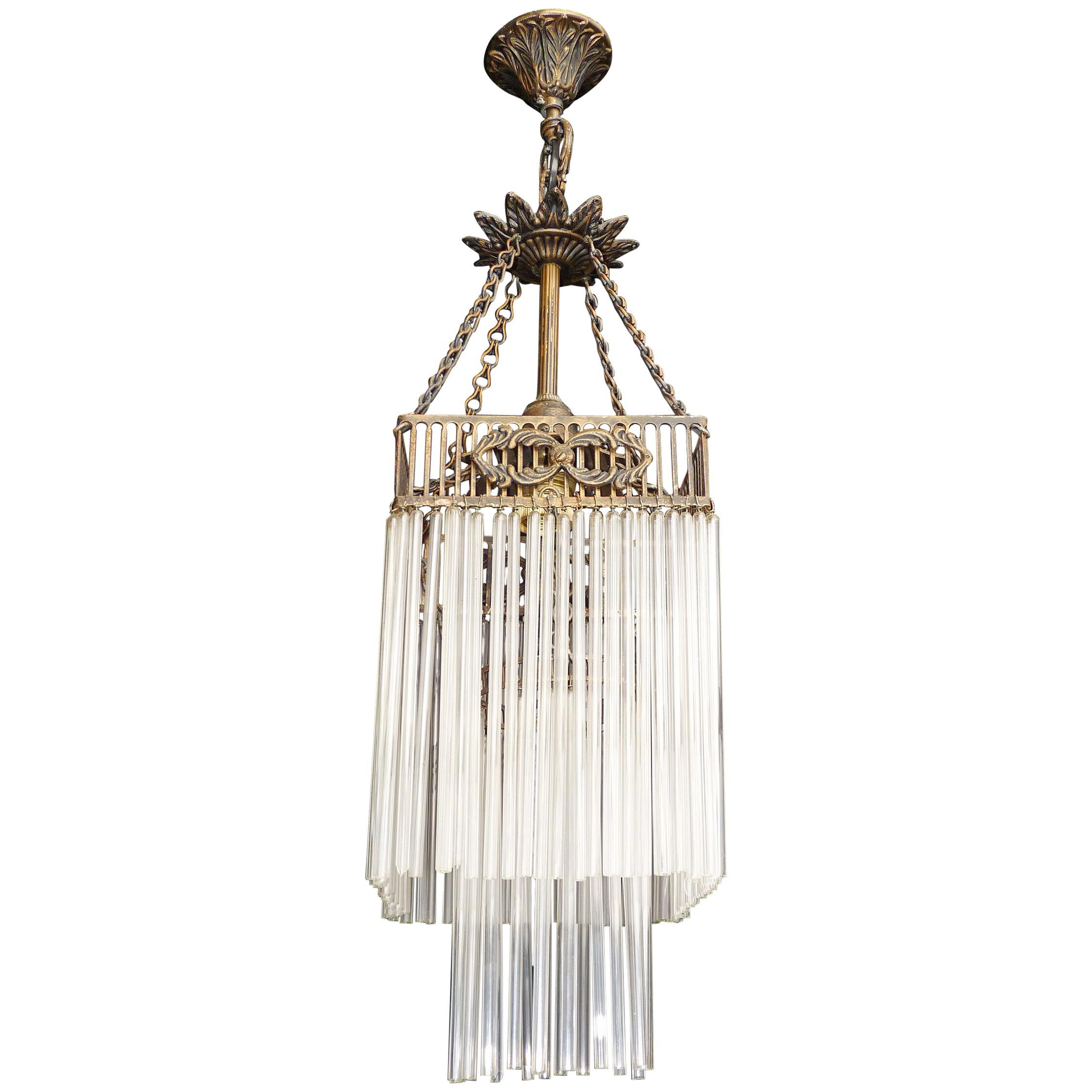 Small French Art Nouveau Art Deco Glass Fringe Chandelier or Light Pendant