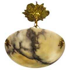 Small French Black Veined Alabaster and Brass Pendant Light Chandelier, ca. 1920