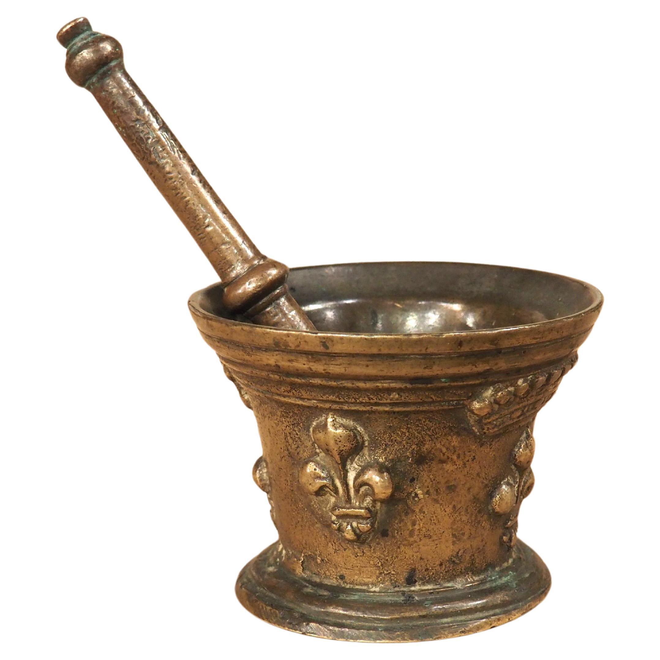 Small French Bronze Mortar and Pestle with Fleur De Lys and Crown, Circa 1700