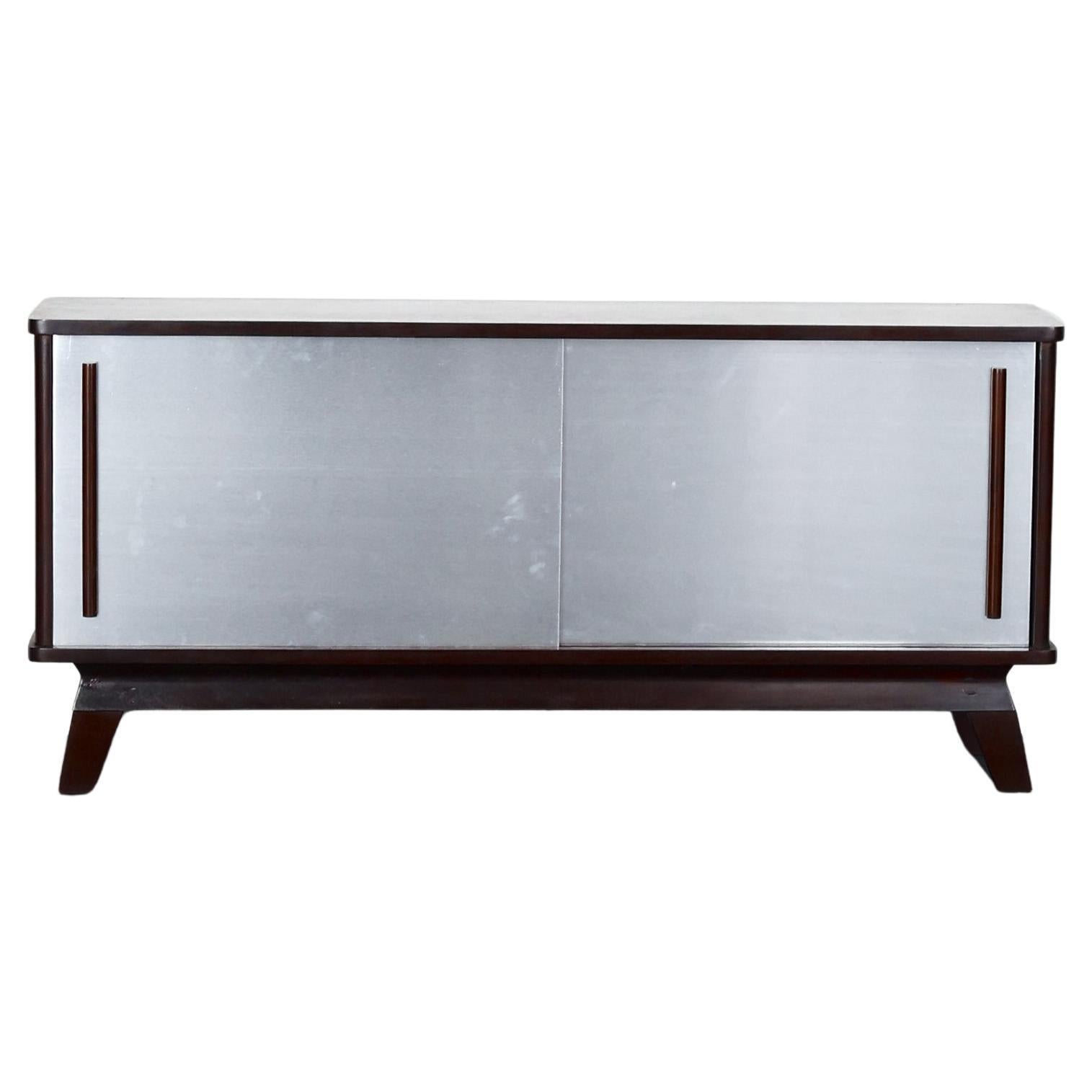 Small French C.1950s Wood Veneer & Aluminium Sideboard