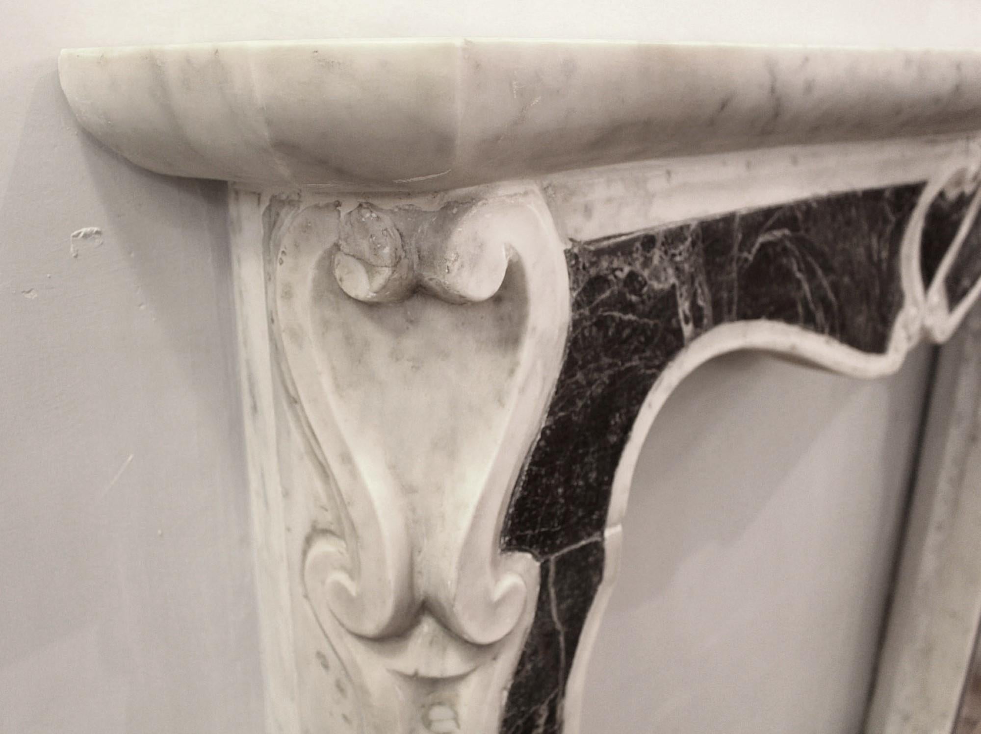 Small French Carved Marble Mantel Center & Side Scroll Motif For Sale 1