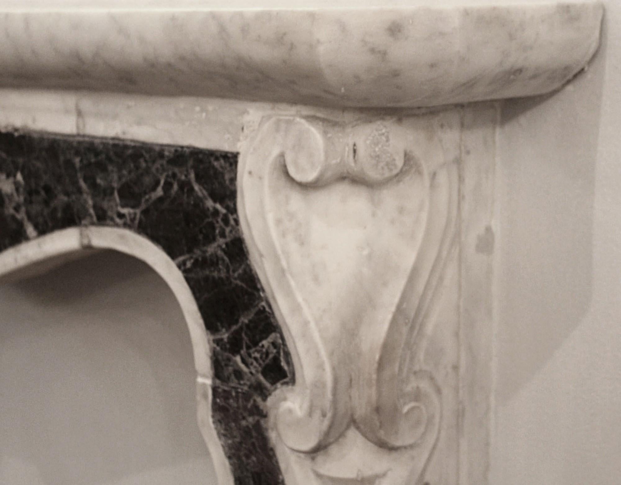 Small French Carved Marble Mantel Center & Side Scroll Motif For Sale 3