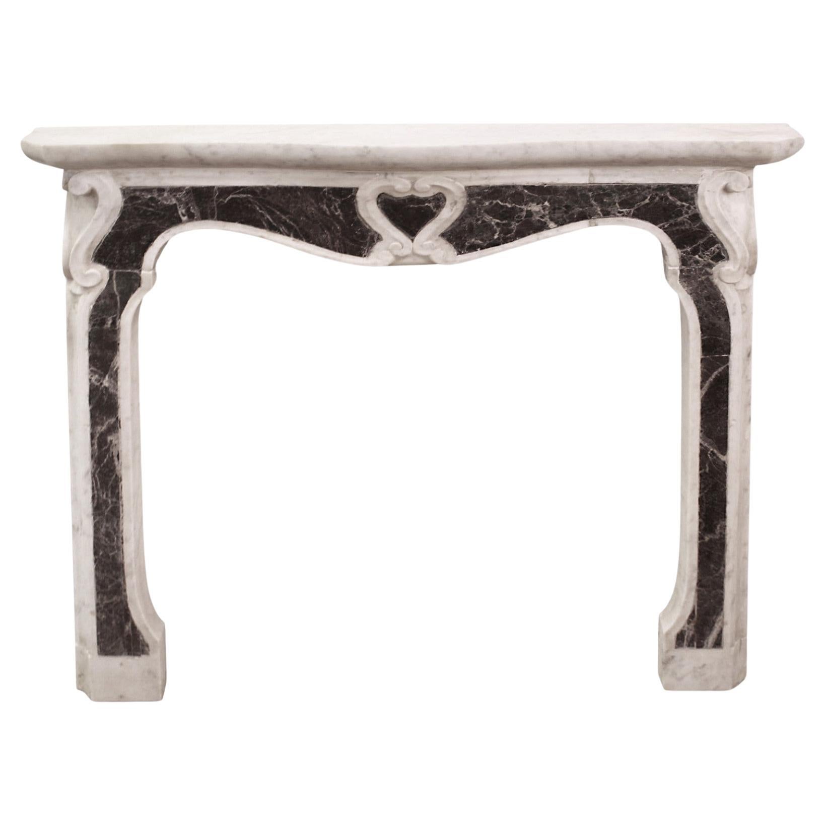Small French Carved Marble Mantel Center & Side Scroll Motif For Sale