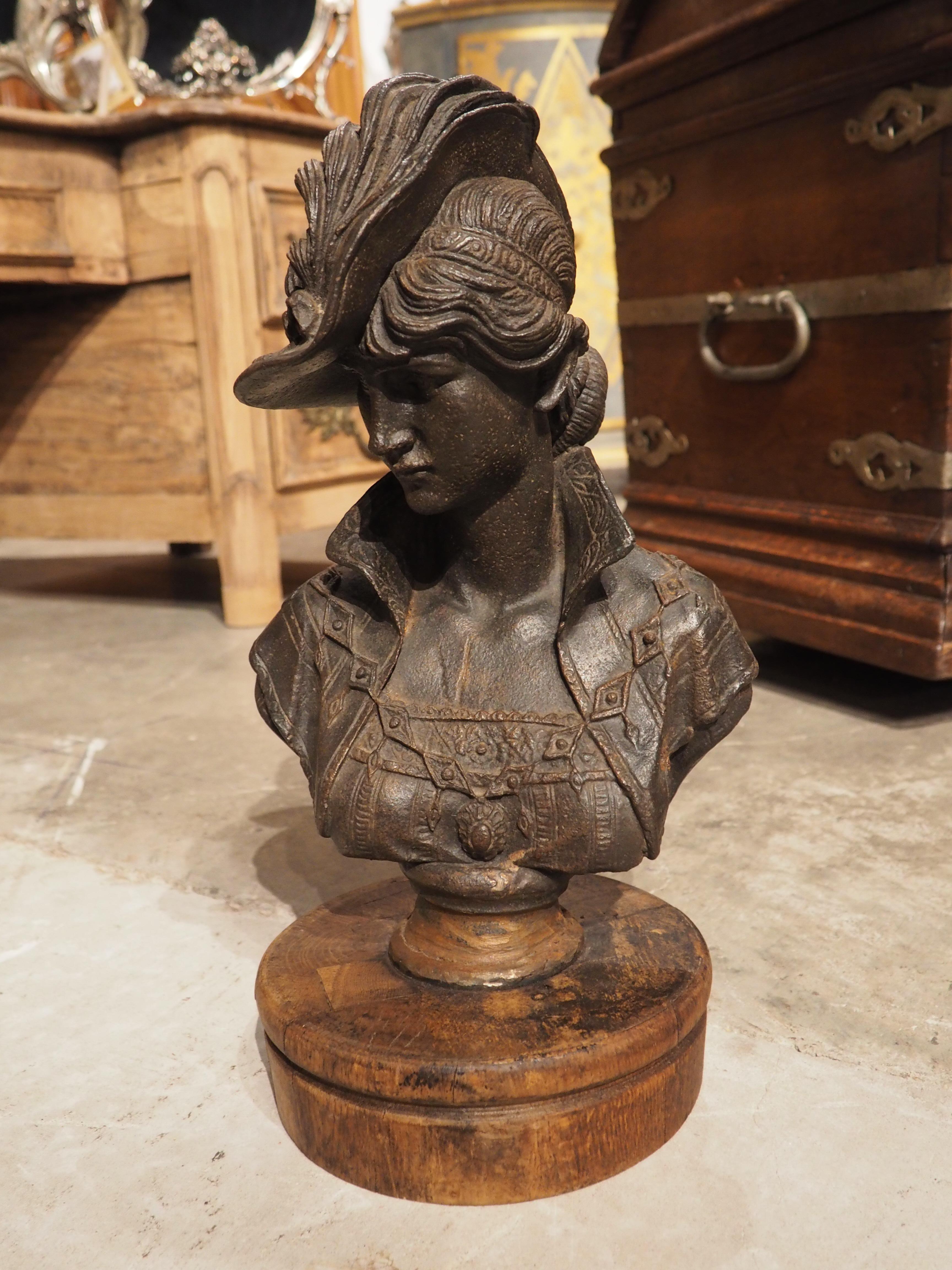 Small French Cast Iron and Wood Bust of Woman, Circa 1880 In Good Condition In Dallas, TX