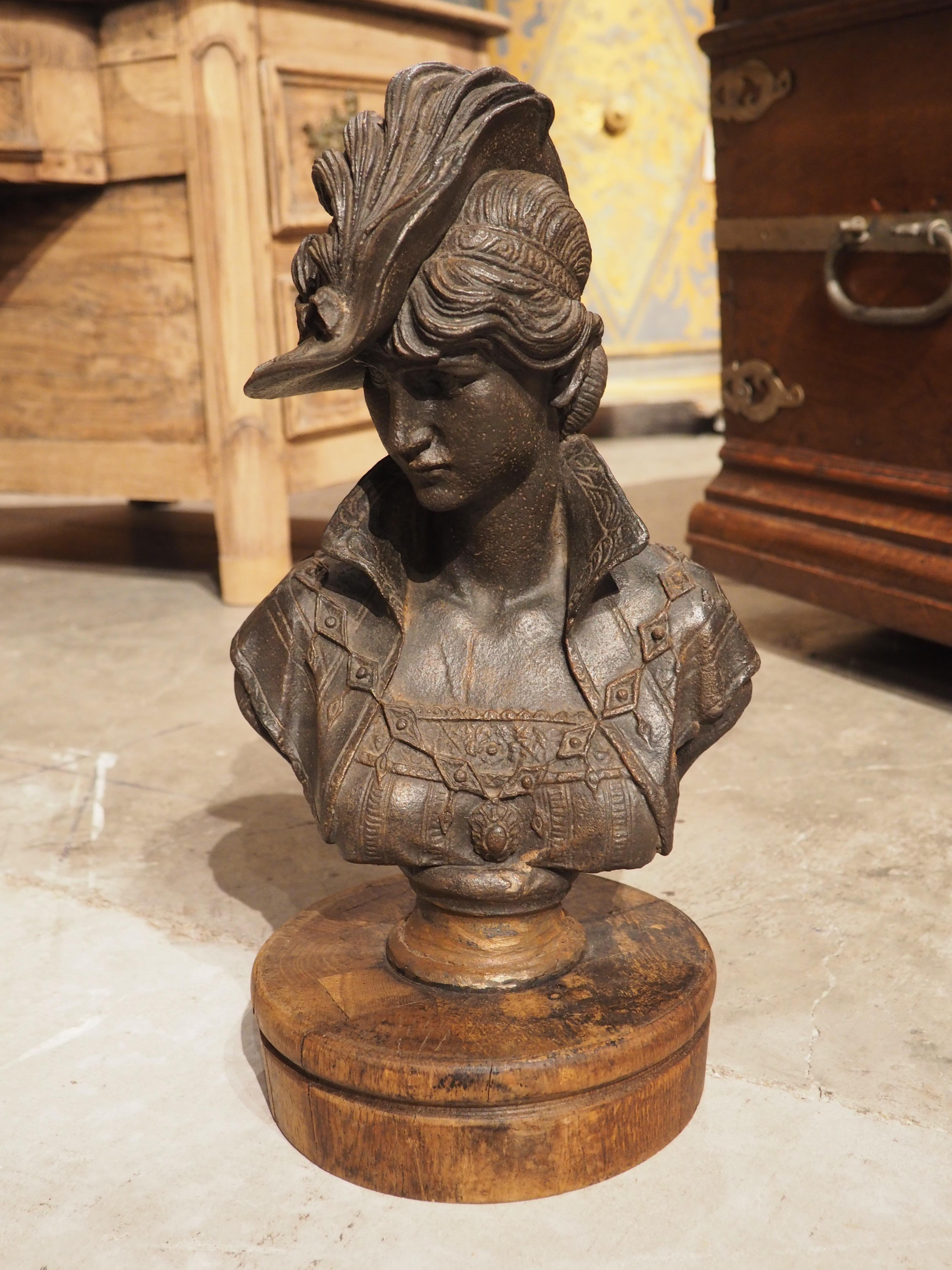 Late 19th Century Small French Cast Iron and Wood Bust of Woman, Circa 1880