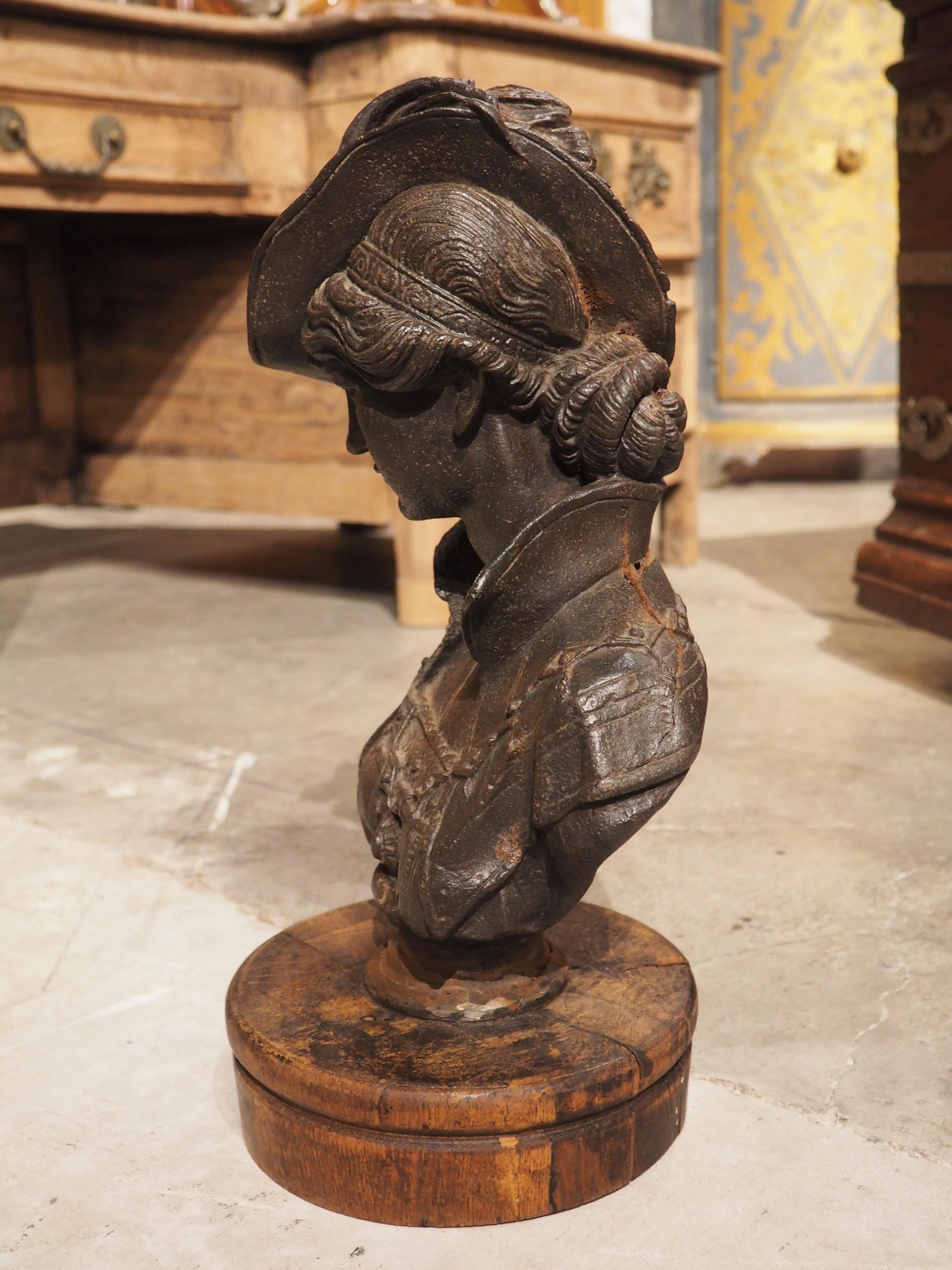 Small French Cast Iron and Wood Bust of Woman, Circa 1880 3
