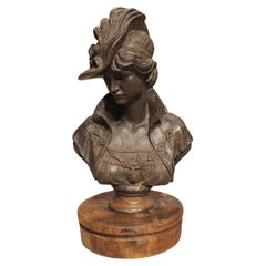 Antique Small French Cast Iron and Wood Bust of Woman, Circa 1880