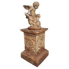 Antique Small French Cast Iron Putto on Pedestal, Circa 1880