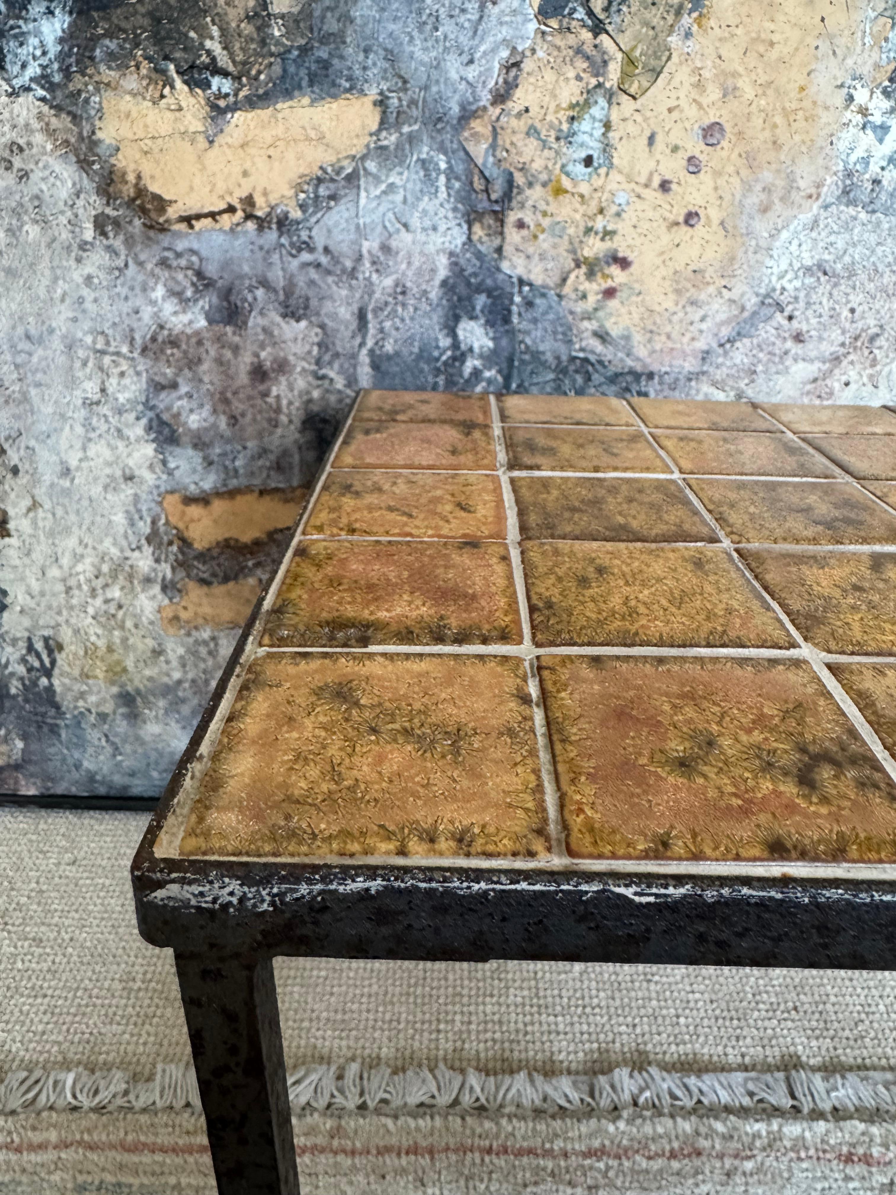 Glazed Small French ceramic tiled top side table For Sale