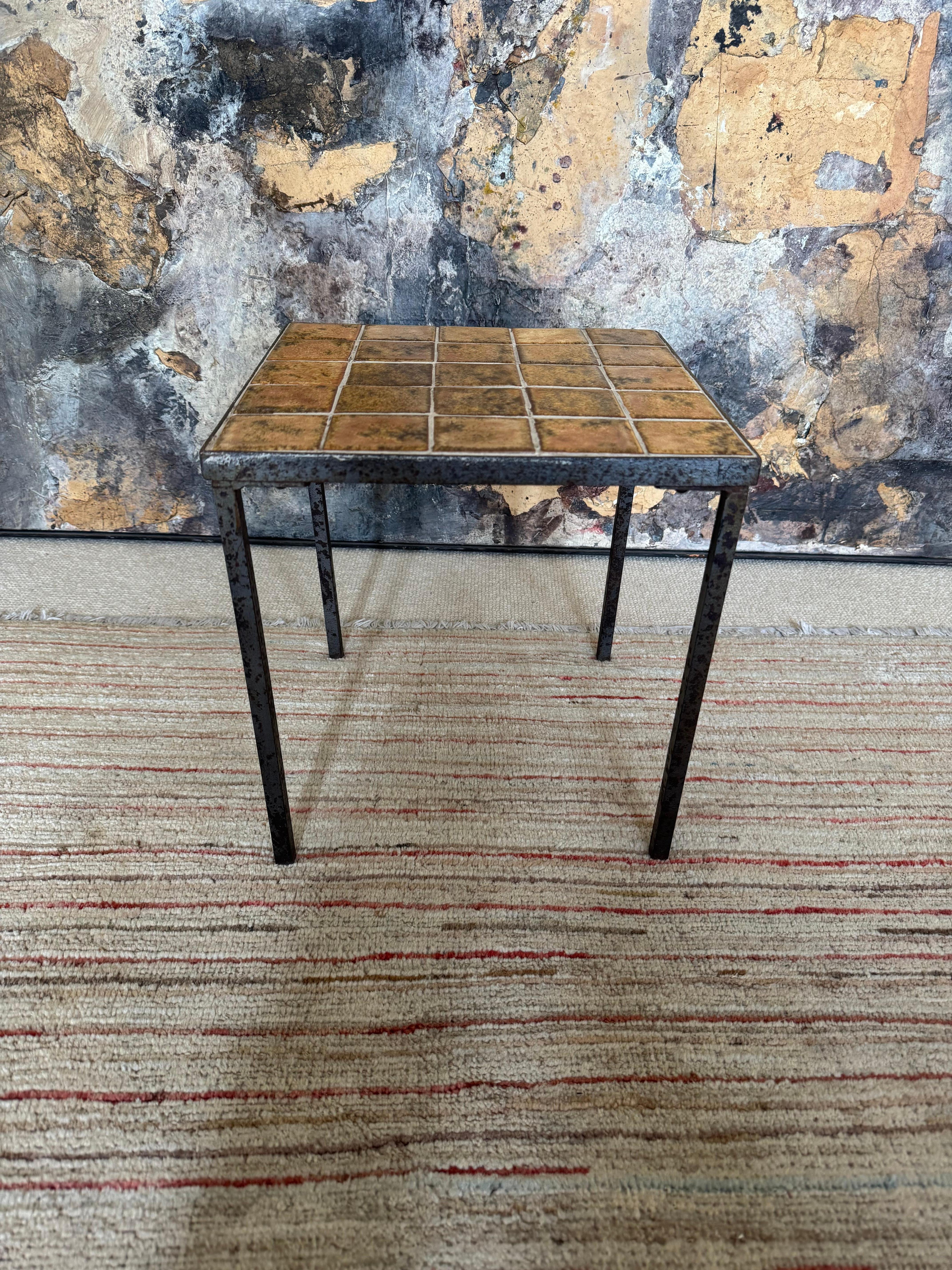 Metal Small French ceramic tiled top side table For Sale