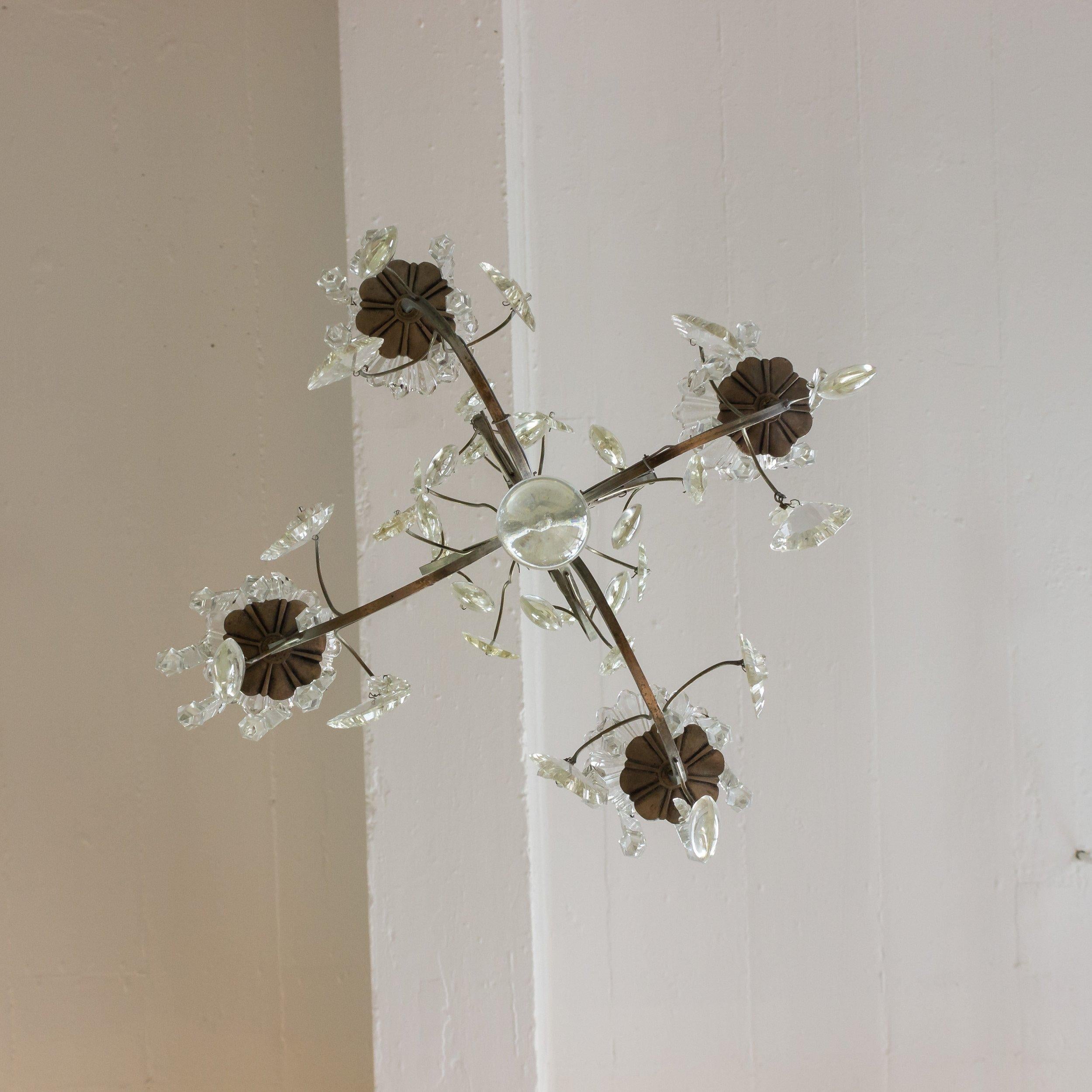 Art Deco Small French Chandelier with Glass Pendants and Decorations For Sale
