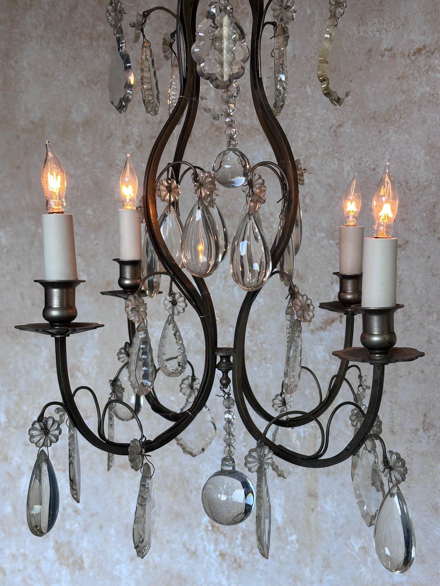 Mid-20th Century Small French Chandelier with Glass Pendants and Decorations For Sale