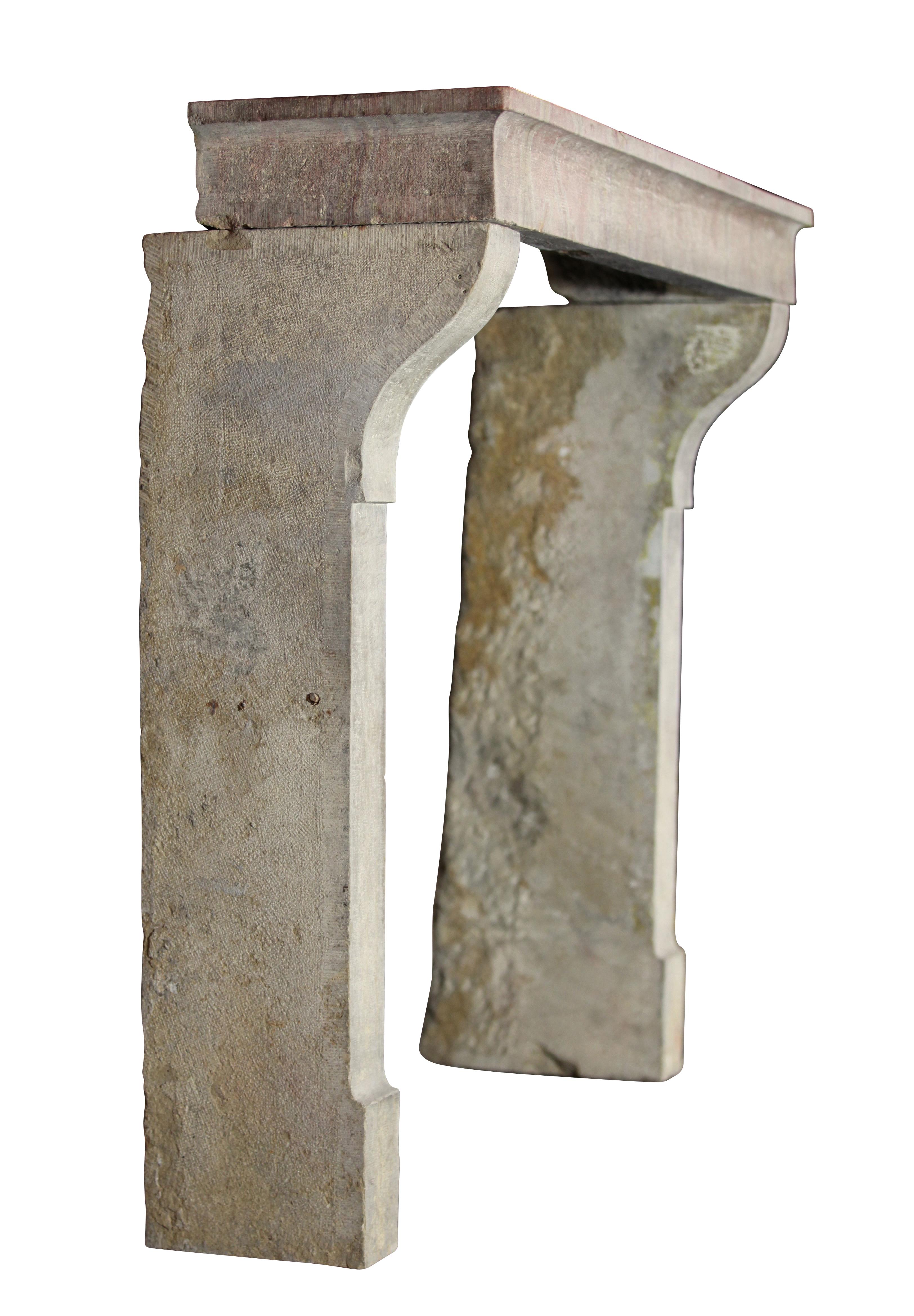 Hand-Carved Small French Country Vintage Fireplace Surround in Multi-Color Limestone For Sale