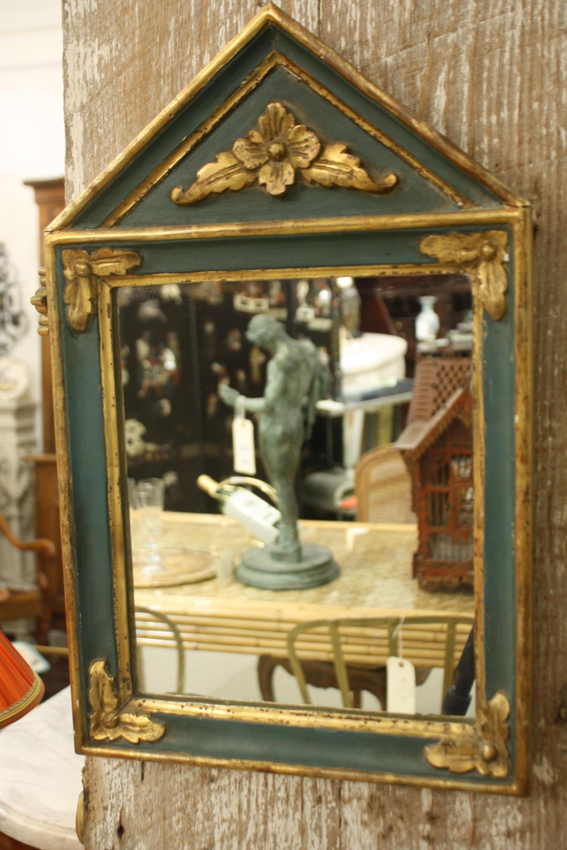 Small French Directoire style parcel gilt and green-painted trumeau mirror.