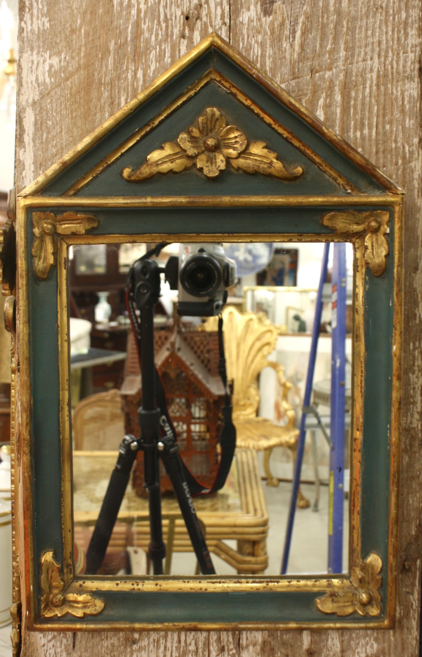 Polychromed Small French Directoire Style Green Painted and Parcel Gilt Trumeau Mirror