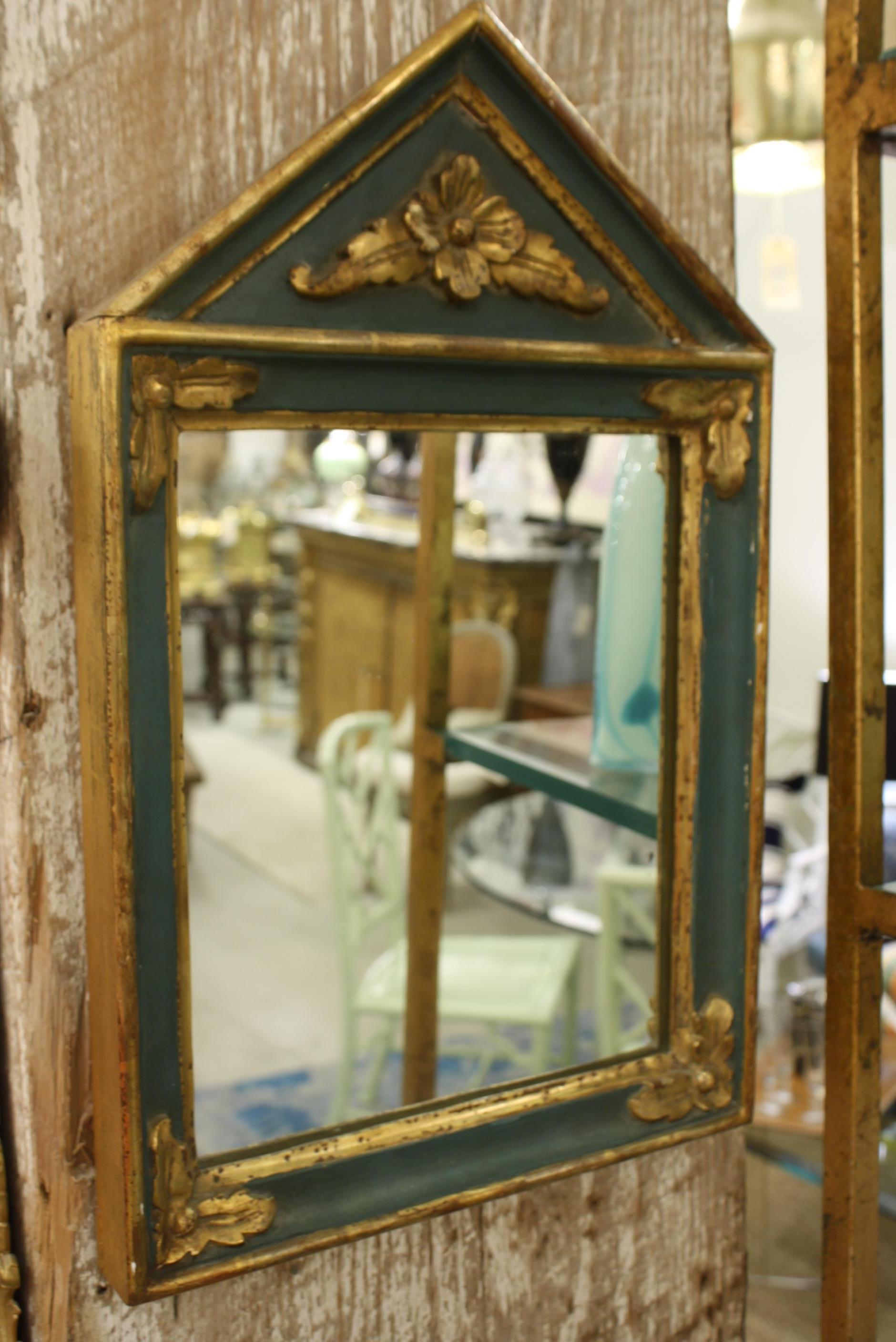 20th Century Small French Directoire Style Green Painted and Parcel Gilt Trumeau Mirror
