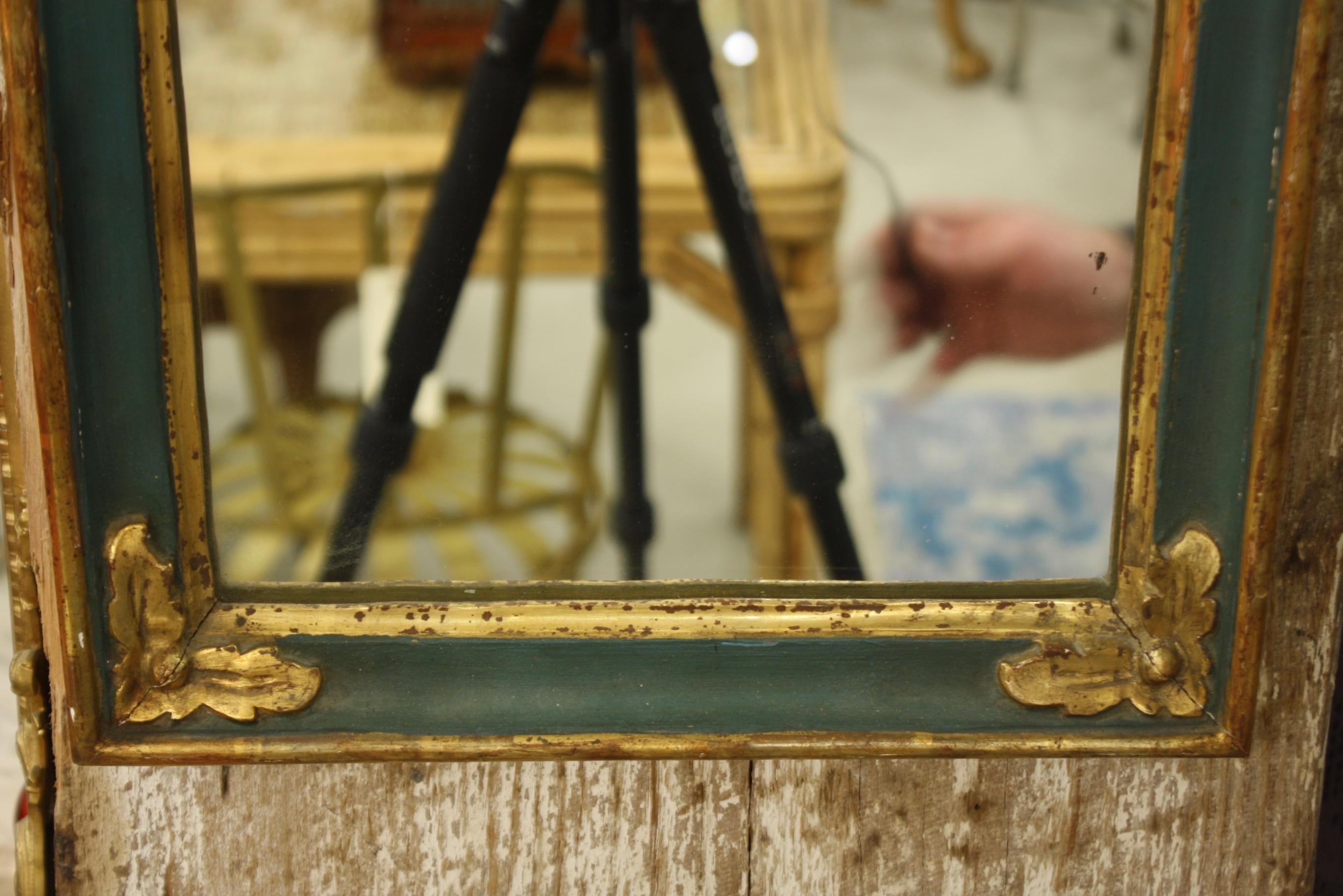 Wood Small French Directoire Style Green Painted and Parcel Gilt Trumeau Mirror