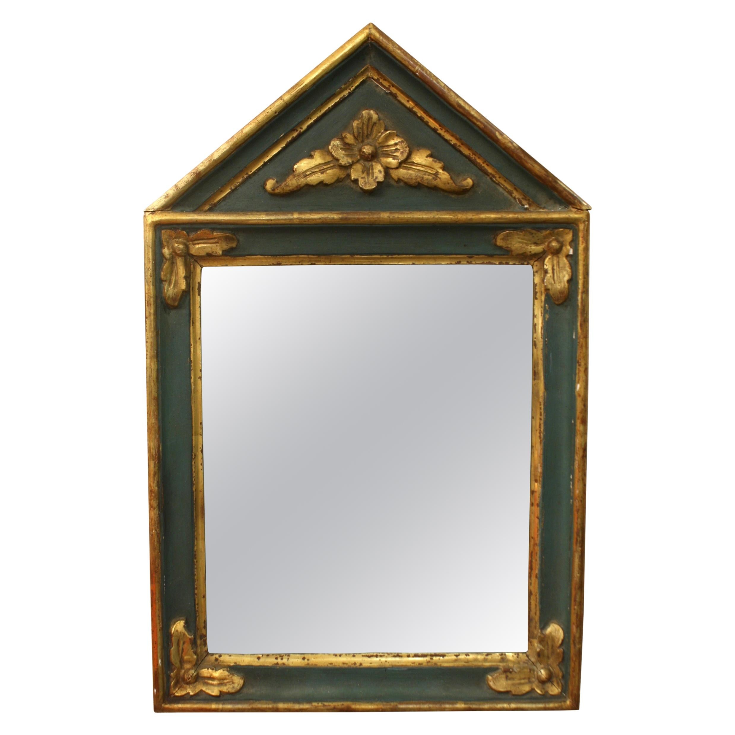 Small French Directoire Style Green Painted and Parcel Gilt Trumeau Mirror