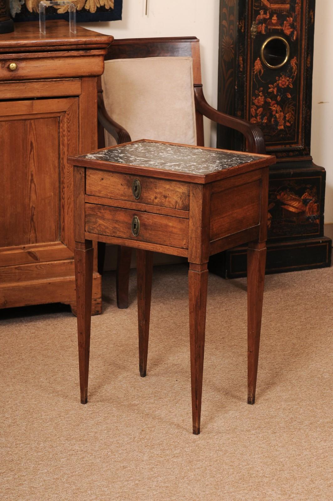 Small French Directoire Style Walnut 2 Drawer Chevet with Grey Marble Top For Sale 7