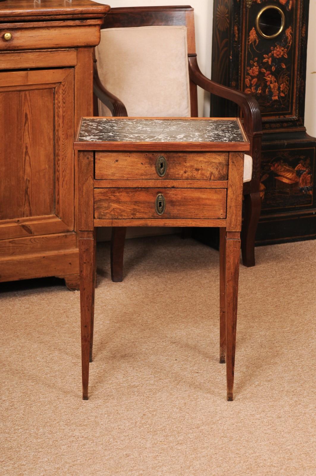 Small French Directoire Style Walnut 2 Drawer Chevet with Grey Marble Top For Sale 8