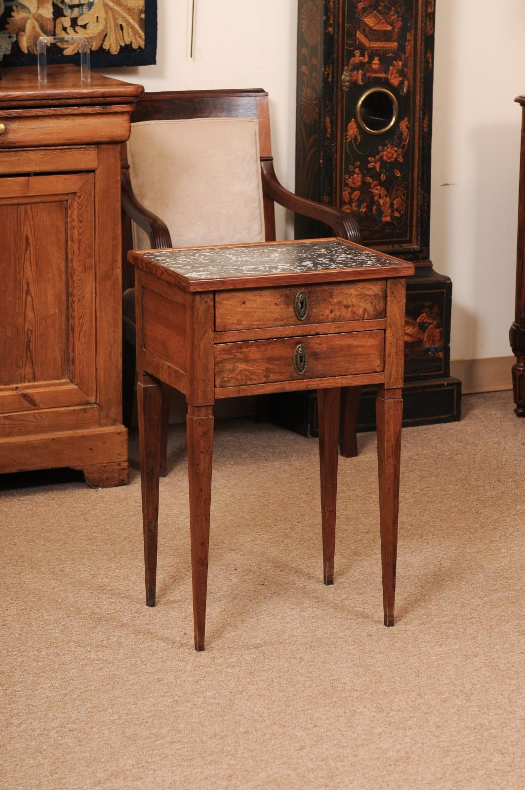 Small French Directoire Style Walnut 2 Drawer Chevet with Grey Marble Top, ca 1890