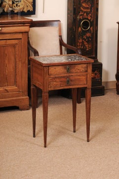 Small French Directoire Style Walnut 2 Drawer Chevet with Grey Marble Top