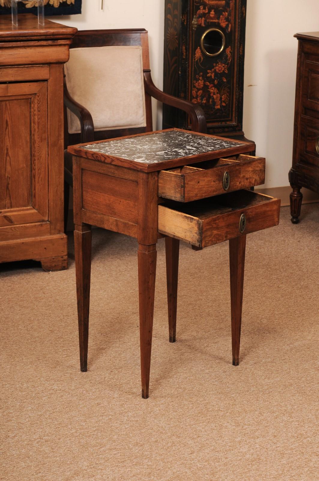 Small French Directoire Style Walnut 2 Drawer Chevet with Grey Marble Top In Fair Condition For Sale In Atlanta, GA