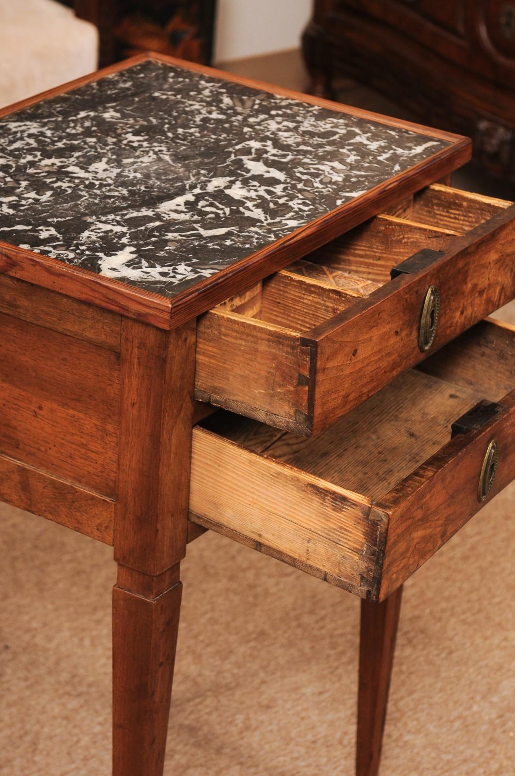 19th Century Small French Directoire Style Walnut 2 Drawer Chevet with Grey Marble Top For Sale