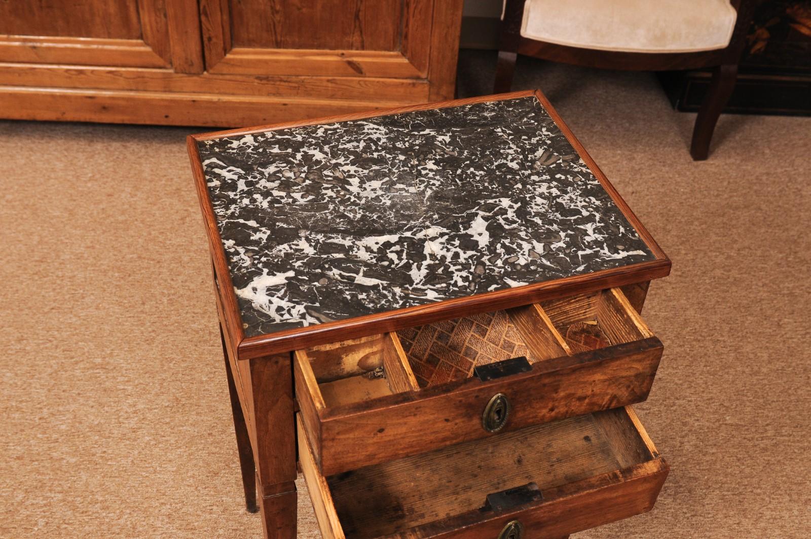Small French Directoire Style Walnut 2 Drawer Chevet with Grey Marble Top For Sale 1