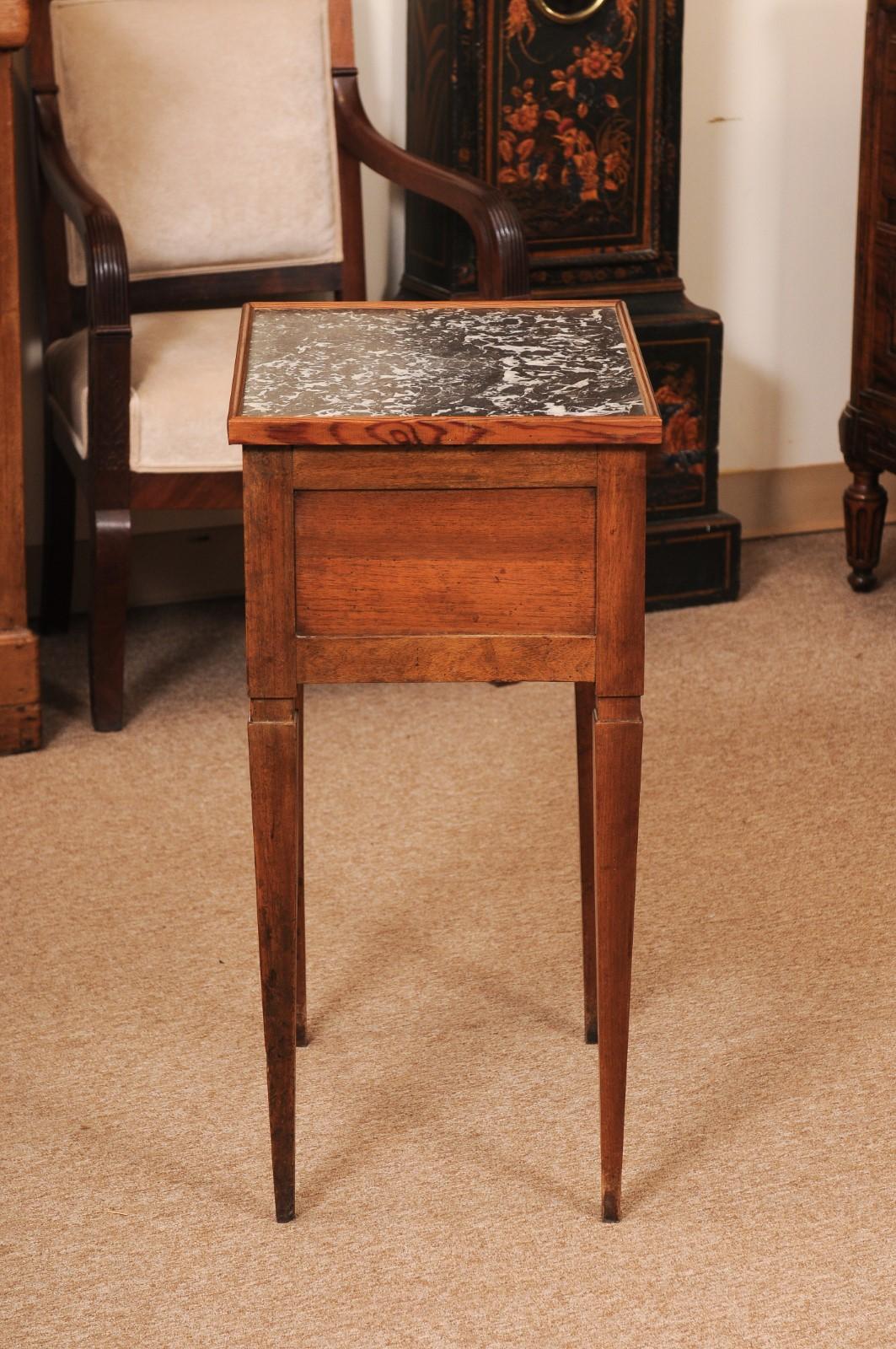Small French Directoire Style Walnut 2 Drawer Chevet with Grey Marble Top For Sale 2