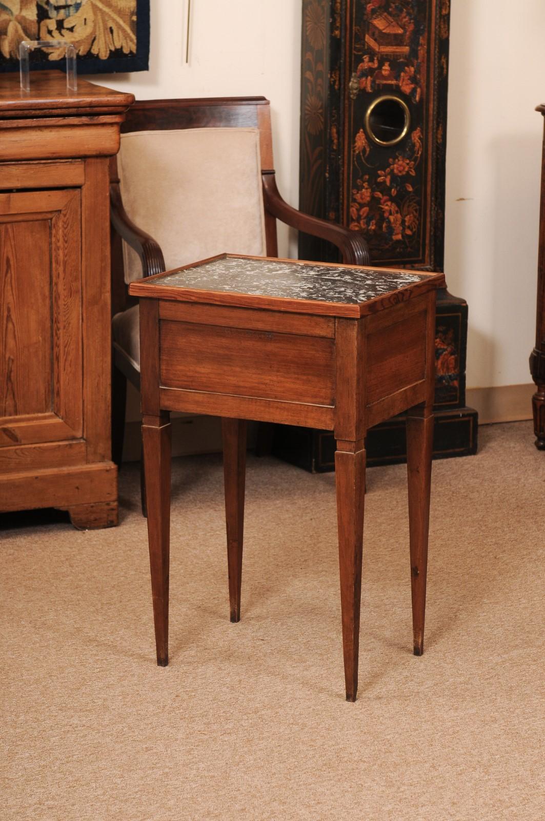 Small French Directoire Style Walnut 2 Drawer Chevet with Grey Marble Top For Sale 3