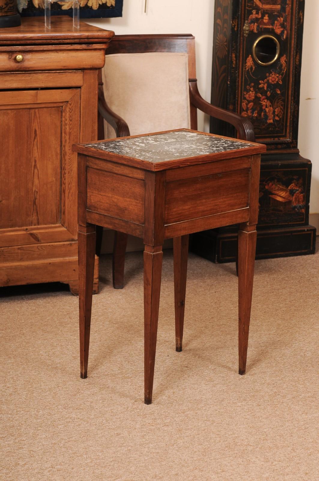 Small French Directoire Style Walnut 2 Drawer Chevet with Grey Marble Top For Sale 5