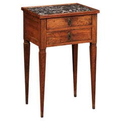 Antique Small French Directoire Style Walnut 2 Drawer Chevet with Grey Marble Top