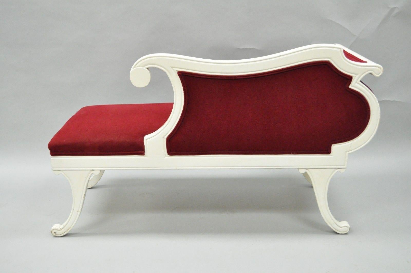 Small French Empire Style Carved Wood Red White Chaise Lounge Fainting Couch 1