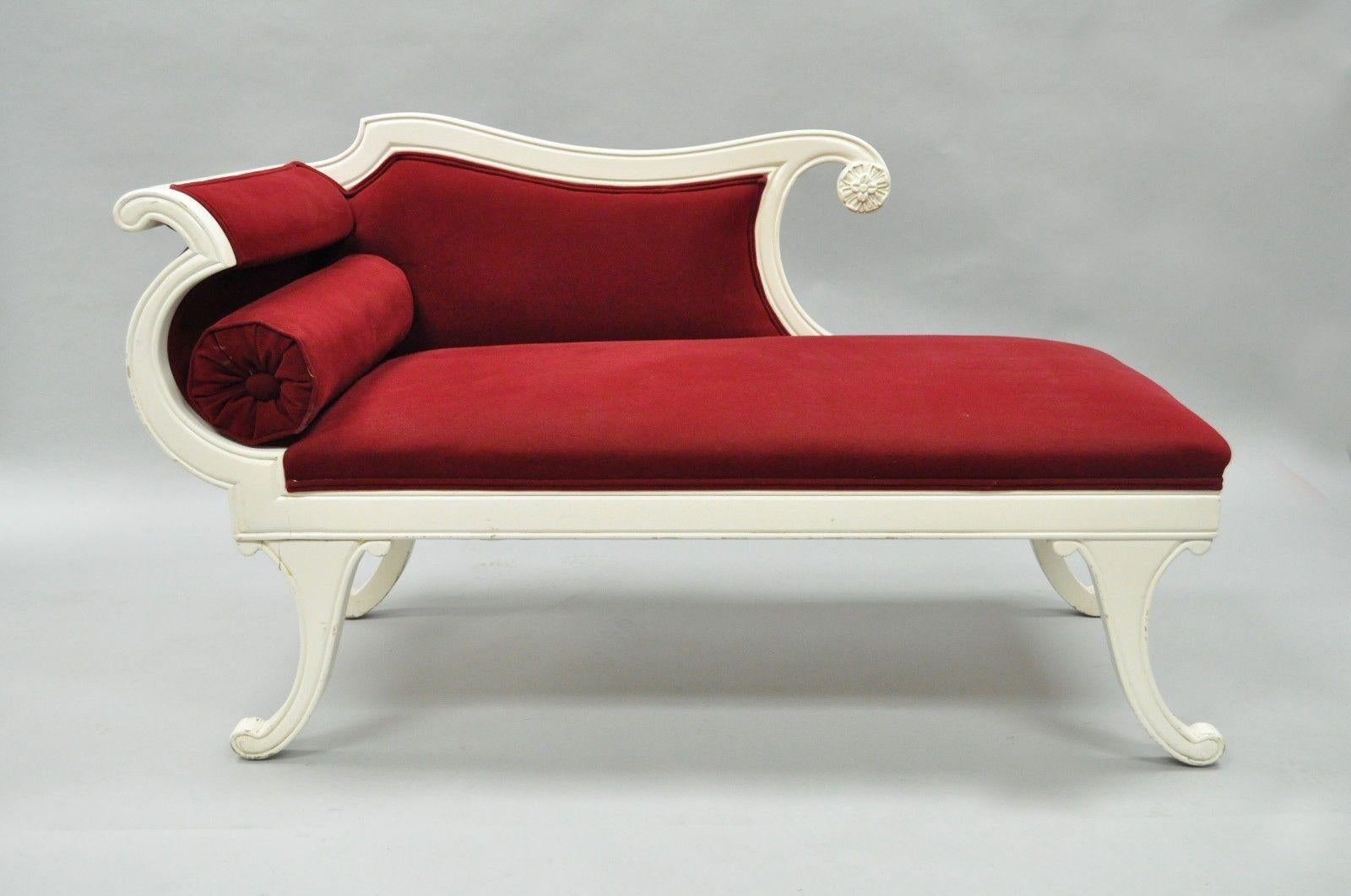 Small French Empire Style Carved Wood Red White Chaise Lounge Fainting Couch 3