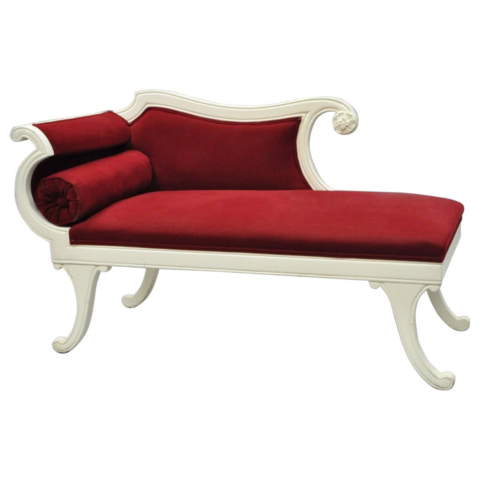 Small French Empire Style Carved Wood Red White Chaise Lounge Fainting Couch