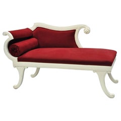 Small French Empire Style Carved Wood Red White Chaise Lounge Fainting Couch