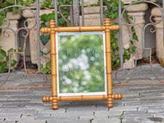 Small French Faux Bamboo Carved Wood Wall Mirror with Turned Frame, Circa 1900