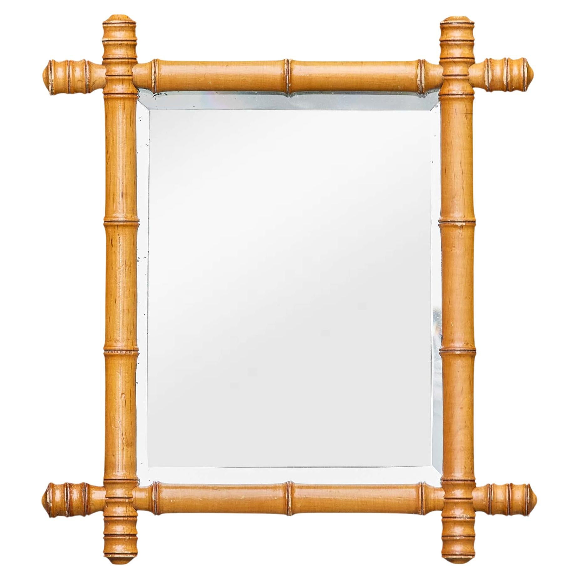 Small French Faux Bamboo Carved Wood Wall Mirror with Turned Frame, Circa 1900