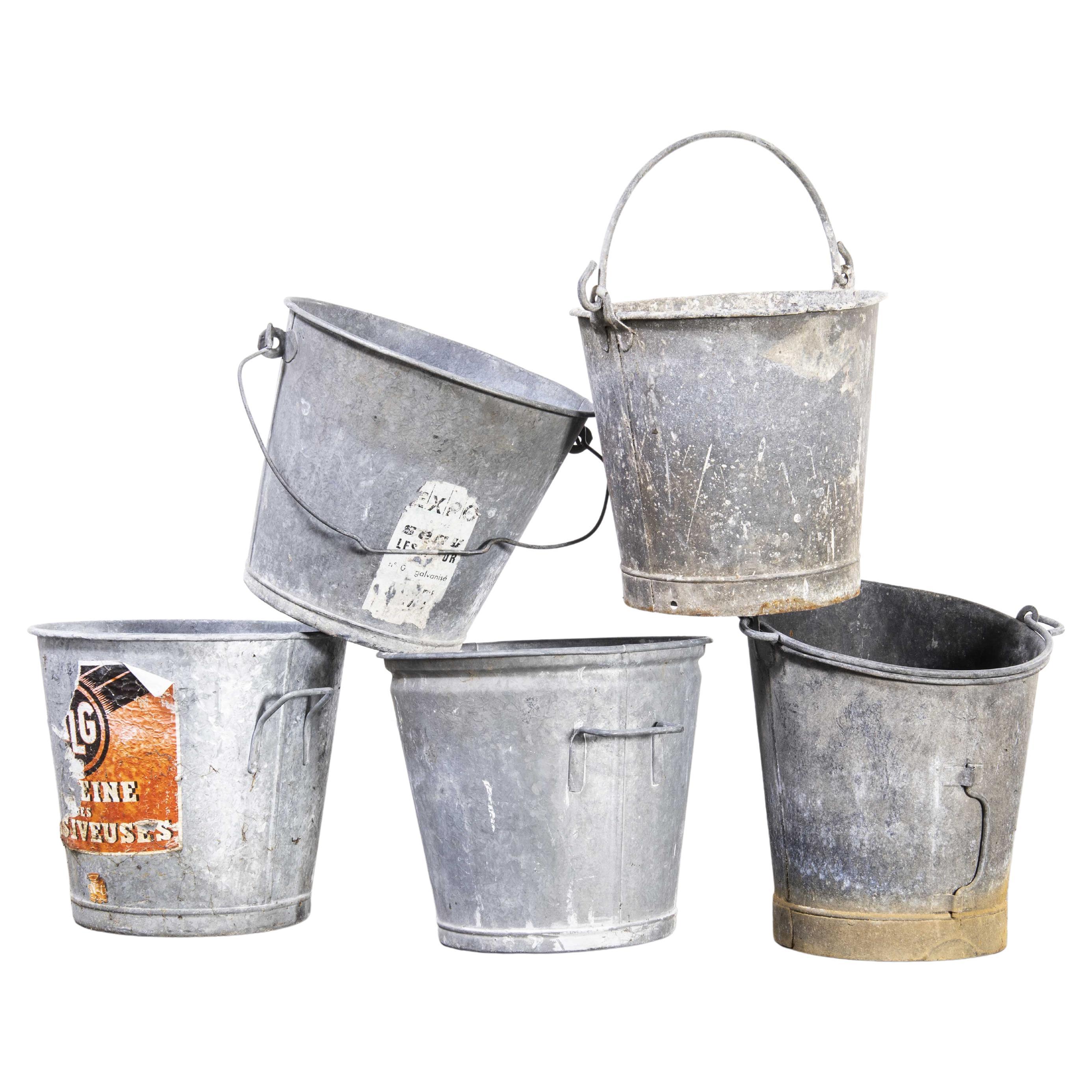Small French Galvanised Buckets, Planters For Sale