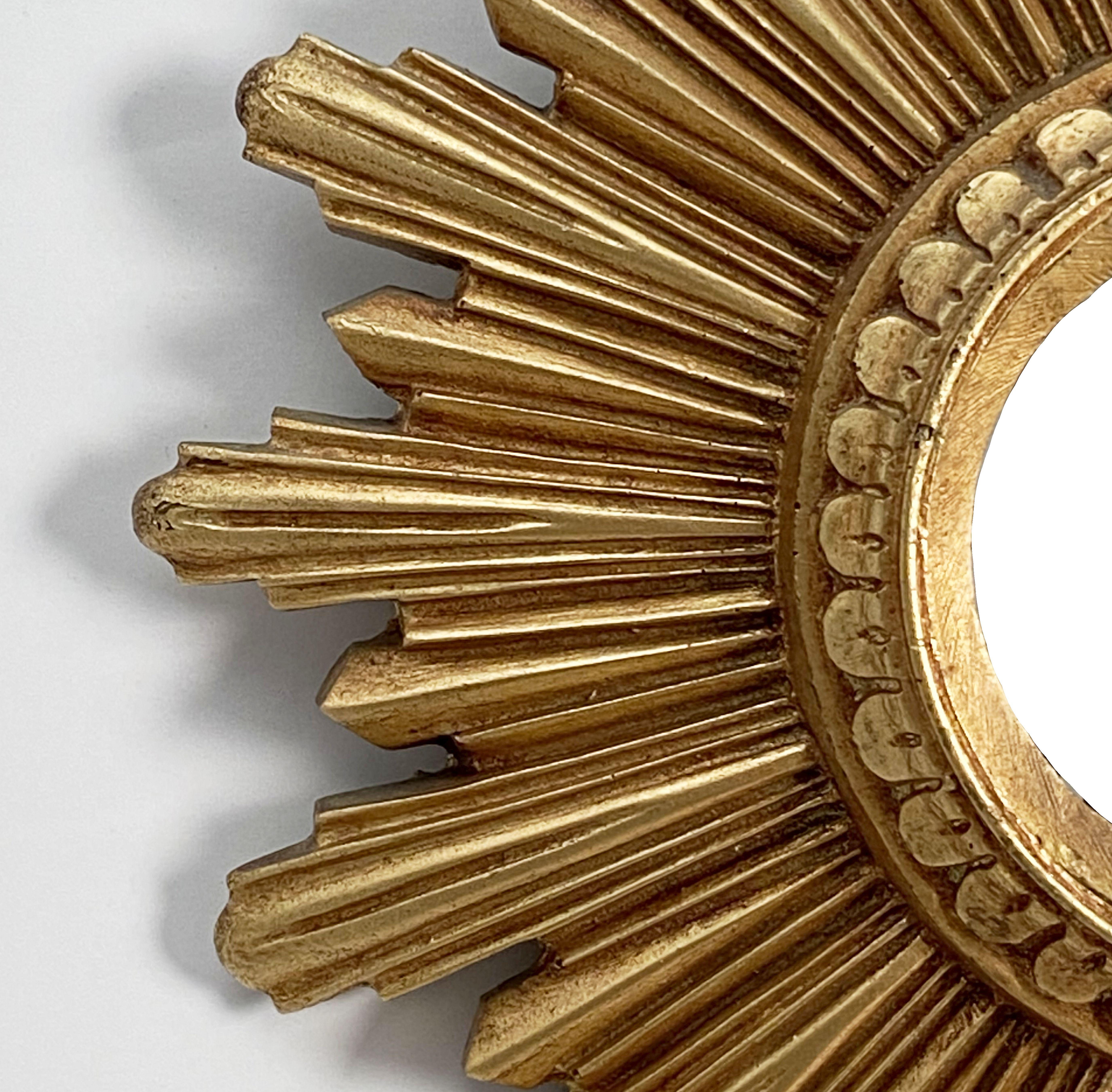 20th Century Small French Gilt Starburst or Sunburst Convex Mirror (Diameter 9)