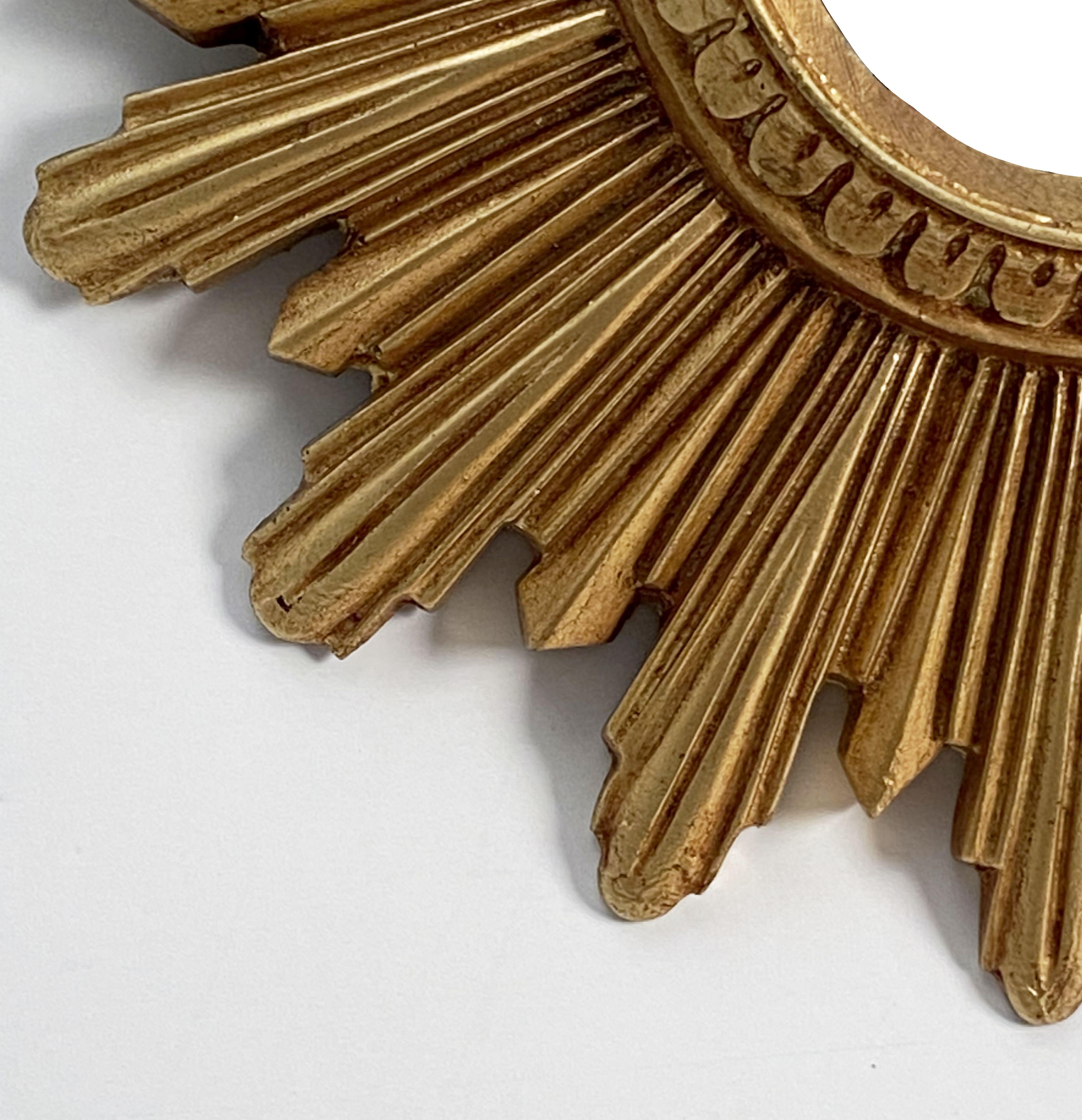 Glass Small French Gilt Starburst or Sunburst Convex Mirror (Diameter 9)