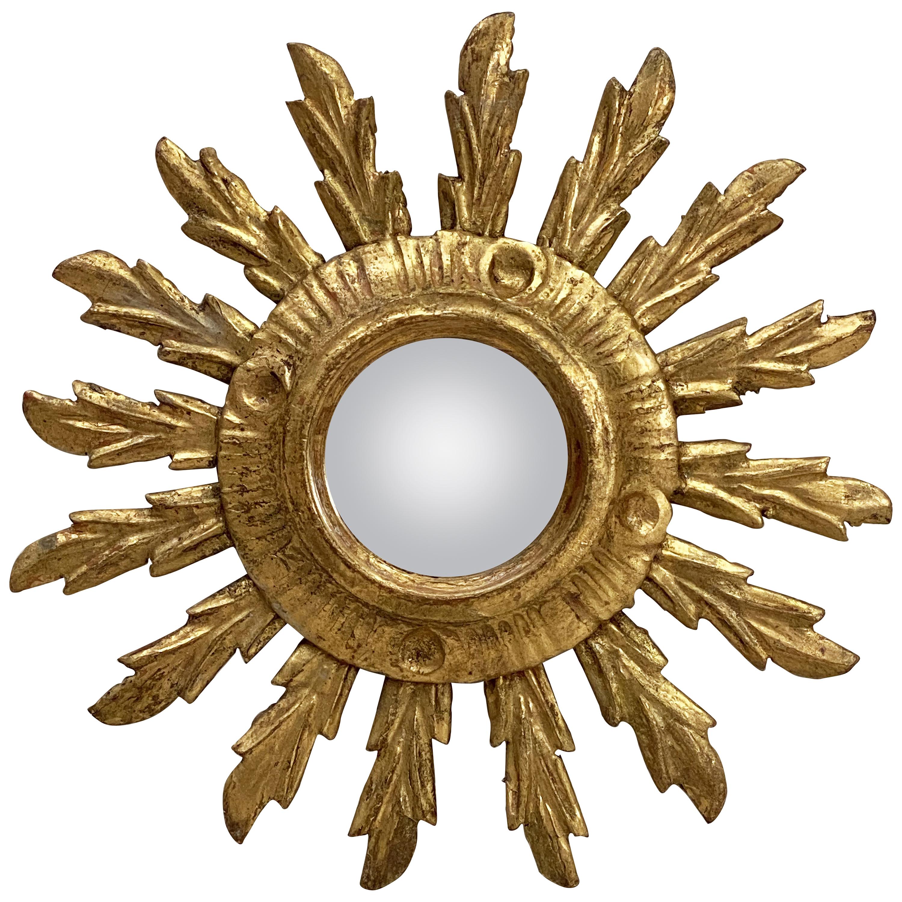 Small French Gilt Starburst or Sunburst Convex Mirror (Diameter 9 1/2)