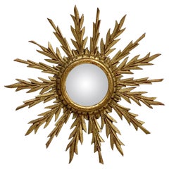 Small French Gilt Starburst or Sunburst Convex Mirror (Diameter 13)
