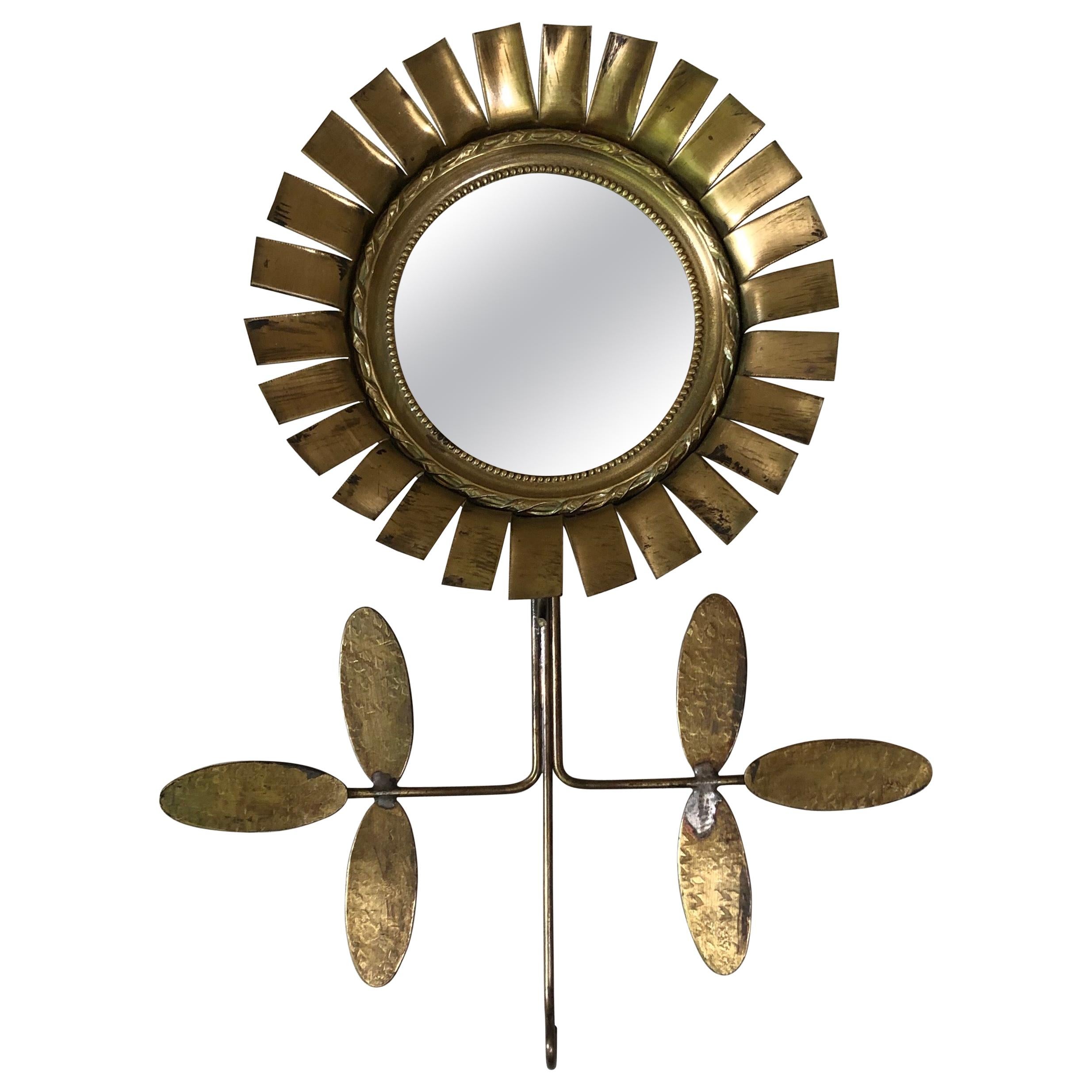 Small French Gold Metal Flower Mirror, circa 1960