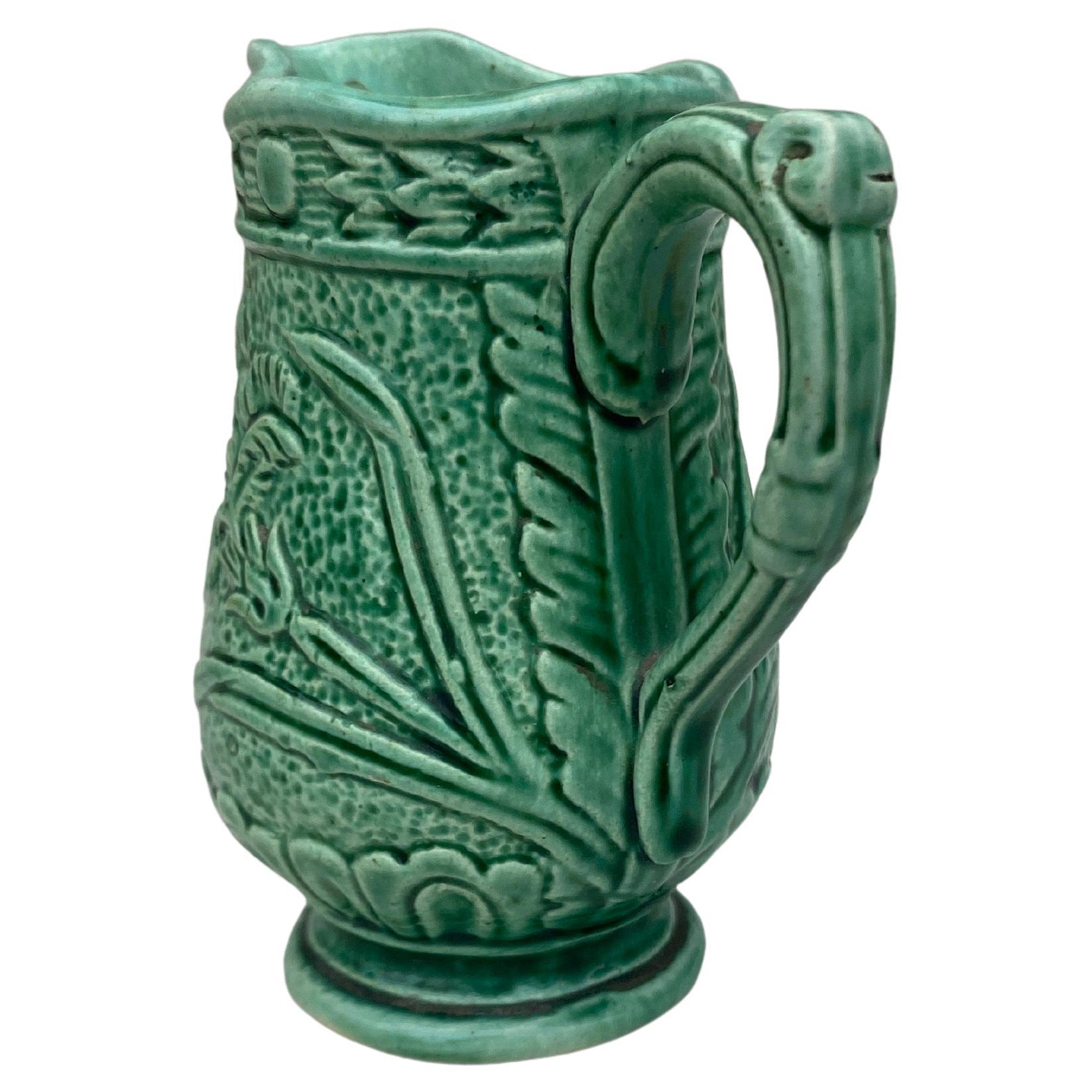 Small French Green Majolica Pitcher Creamer circa 1900 In Good Condition For Sale In Austin, TX